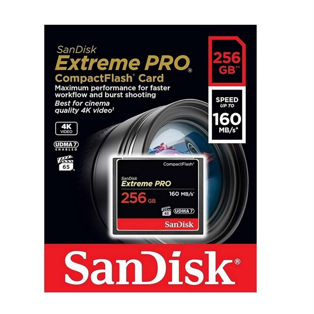 Sandisk Extreme Pro 256 GB 4K CF Compact Flash Hafıza Kartı 160mb/s